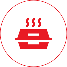Red steaming food container icon on black.